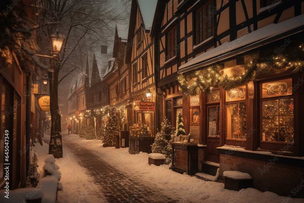 A beautiful winter town with charming streets and Victorian houses. Festive decorations and warm lantern-lit streets create a magical December atmosphere. Generative AI
