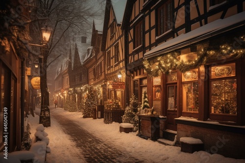 A beautiful winter town with charming streets and Victorian houses. Festive decorations and warm lantern-lit streets create a magical December atmosphere. Generative AI © Esme
