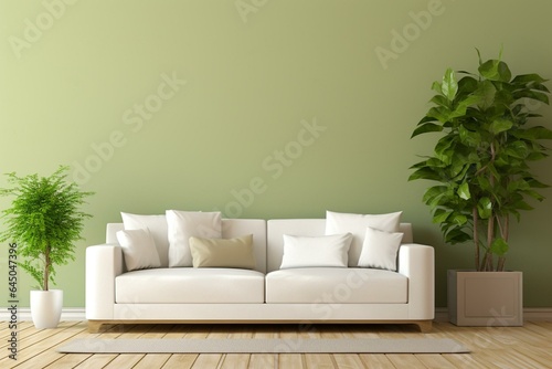 Contemporary, simple, eco-friendly living room with white sofa, green wall, wood floor, and plant. Generative AI