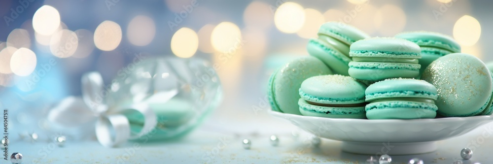 Piles of mint green macarons on shiny sparkling background, for birthday party, anniversary and Halloween party, with copy space. Piles of mint green macarons on shiny sparkling background, for birthday party, anniversary and Halloween party, with copy space.