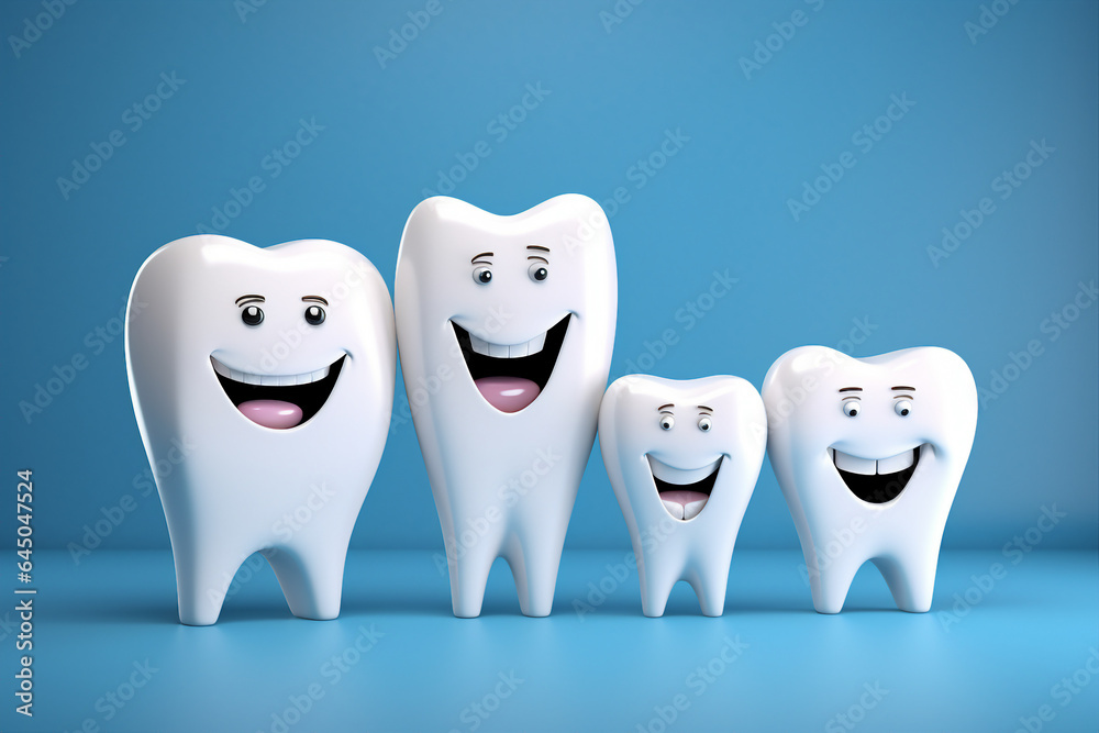 Generative AI bright picture of white cute funny smiling tooth characters with faces isolated on blue turquoise color background Generative AI bright picture of white cute funny smiling tooth characters with faces isolated on blue turquoise color background