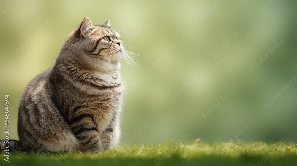 Fototapeta premium Overweight cat looking to side on blurred green background, concept of diabetes, lose weight and indoor life, with copy space.