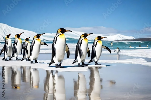 King penguins in a group  moving from a white beach to the ocean  arctic wildlife in its natural habitat  and a deep blue sky.