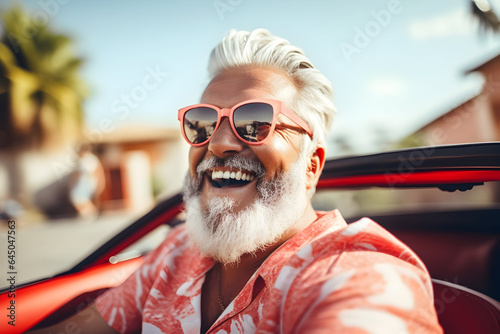 A joyful older man with a beard is having a great time on a summer road trip in Italy, driving a luxurious convertible car, symbolizing a lifestyle of wealth and freedom.