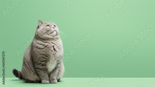 Overweight cat looking to side on green background, studio shot, concept of diabetes, lose weight and indoor life, with copy space.