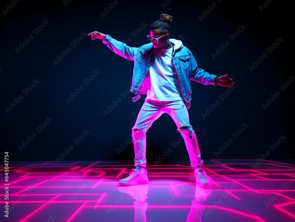 Dancing male standing on tiptoe in colourful neon studio light. Long exposure. Contemporary hip hop dance