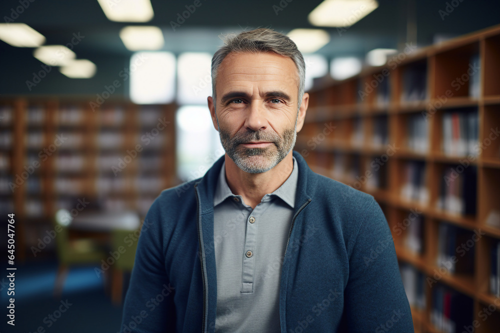 Fototapeta premium Generative AI photo of intelligent professor blurred classroom or library background education from elementary to university