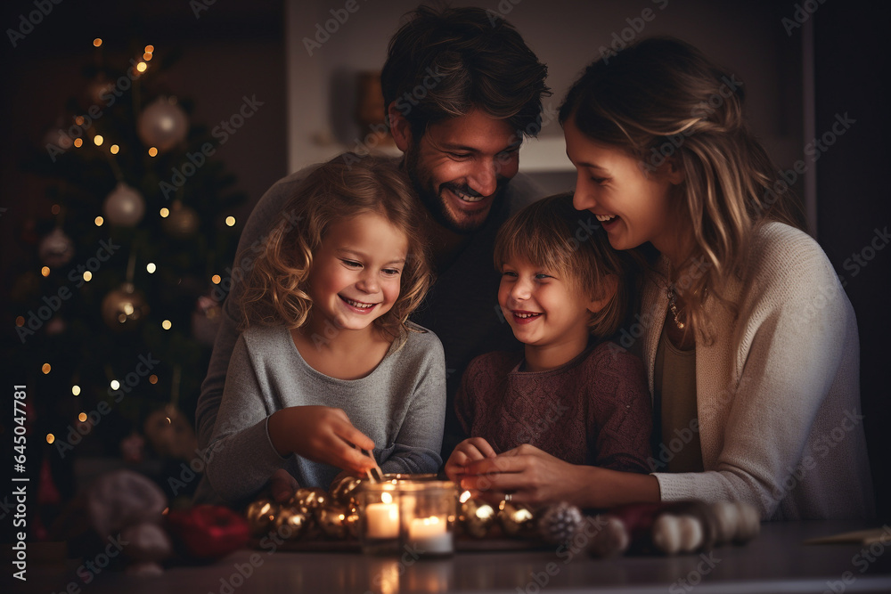Christmas and New Year holidays concept. Happy family lifestyles portrait. Family enjoy magical moment of Christmas eve and holidays. Generative AI Christmas and New Year holidays concept. Happy family lifestyles portrait. Family enjoy magical moment of Christmas eve and holidays. Generative AI