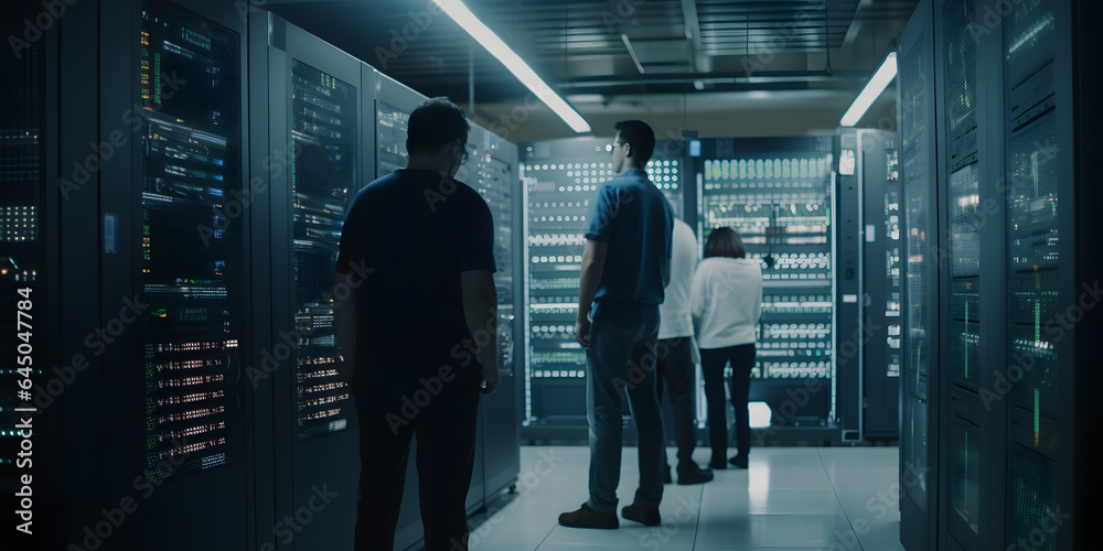 Team IT Engineers repairs technical problem and adjusts server room with laptop, blue color light. Generation AI Team IT Engineers repairs technical problem and adjusts server room with laptop, blue color light. Generation AI