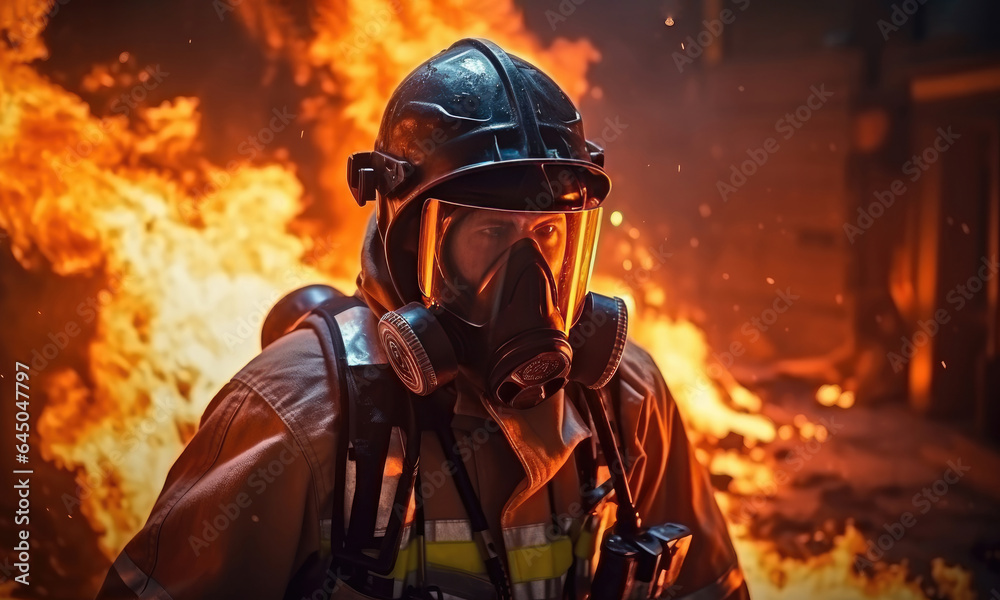Firefighter with helmet and mask at a fire Firefighter with helmet and mask at a fire