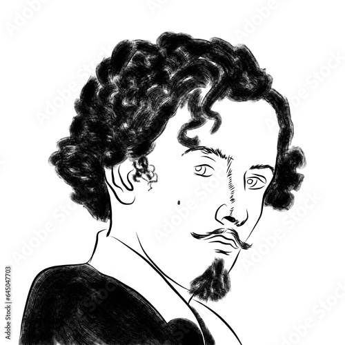 Gustavo Adolfo Bécquer famoso poeta y escritor español. Ilustración de retrato a linea negra con textura. Imagen sin fondo. photo