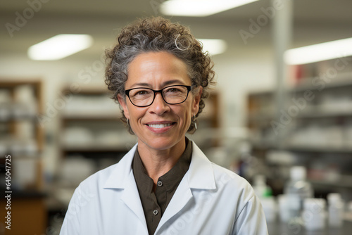 Generative AI portrait of happy beautiful professional biology teacher in lab coat set against a blurred laboratory background