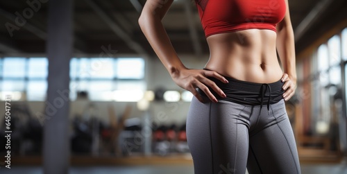 Fit woman waist with visible well defined abdominal muscles on blurred gym background with copy space, concept of exercise, sports and lose weight.