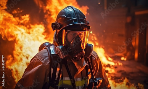 Firefighter with helmet and mask at a fire © Miquel