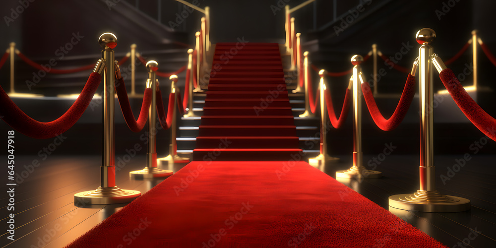 Obraz premium Red carpet and golden barrier banner. Generation AI