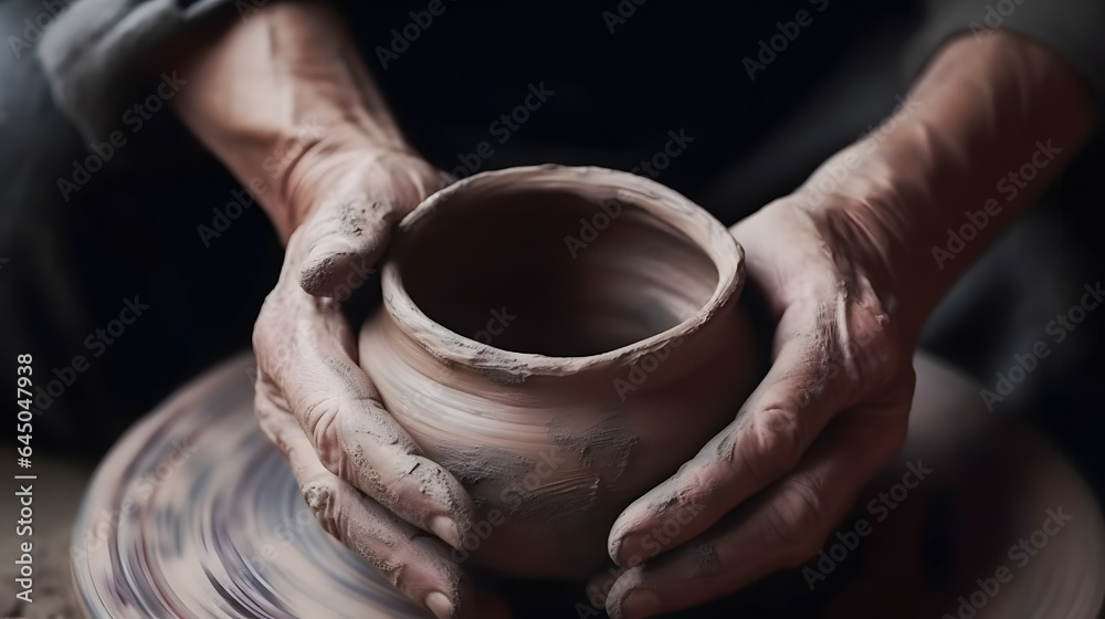 Closeup hand of senior man craftsman working on pottery wheel while sculpting from clay pot background workshop. Generation AI - obrazy, fototapety, plakaty 