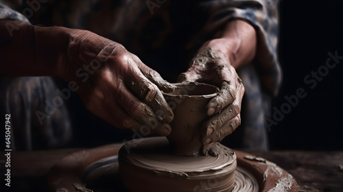 Closeup hand of senior man craftsman working on pottery wheel while sculpting from clay pot background workshop. Generation AI