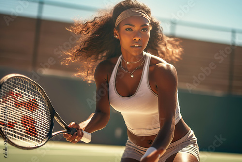 African American Female tennis player playing tennis on sunny outdoor tennis court close-up