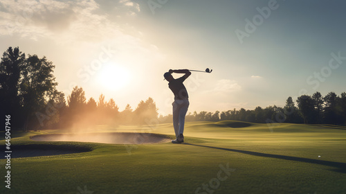 Golfer play putting golf ball on green field, sunset time. Generation AI.