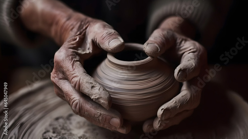 Closeup hand of senior man craftsman working on pottery wheel while sculpting from clay pot background workshop. Generation AI