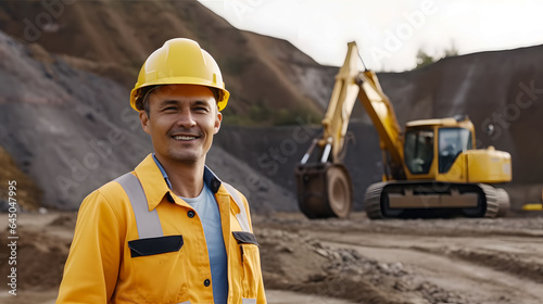 Industry Worker Man manager standing with folded arms wearing safety helmet background construction site with excavator tractor. Generation AI