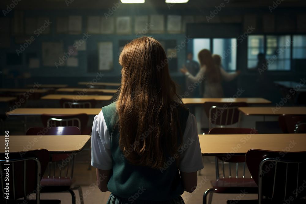 Photography generative AI concept of lovely girl high school student sitting at the table in classroom during lecture