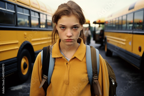 Generative AI photo of young girl with a schoolbag back to school near a school bus on a sunny autumn day