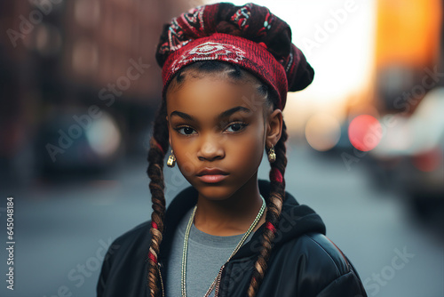 Generative AI photography of beautiful girl with braids and dreadlocks walking evening city streets