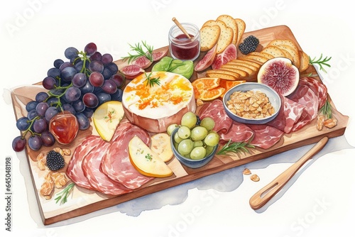 Watercolor painting of a charcuterie board on a white background. Generative AI