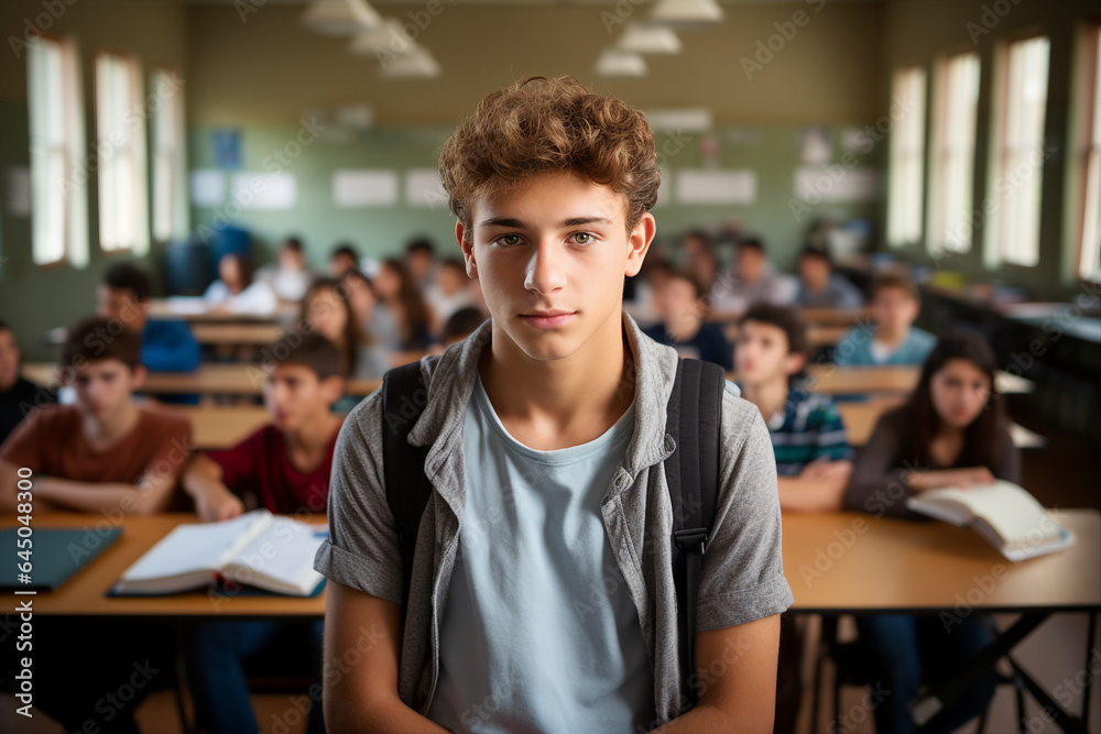 Obraz premium Generated by AI photo of happy male brown hair student standing in classroom isolated in educational environment background