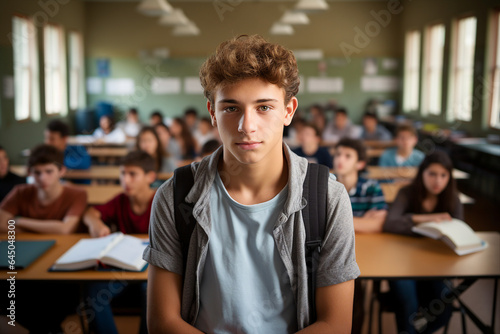 Generated by AI photo of happy male brown hair student standing in classroom isolated in educational environment background