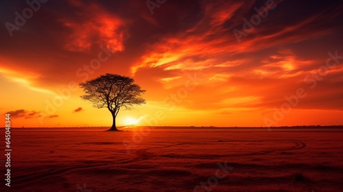 A lone tree standing tall in a vast meadow, silhouetted against the fiery orange sunset 
