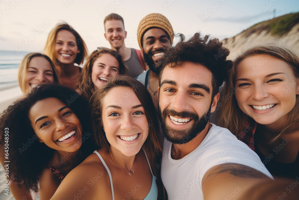 Obraz premium Generative AI portrait of a happy cheerful people friendly company having fun spending summer vacation abroad together