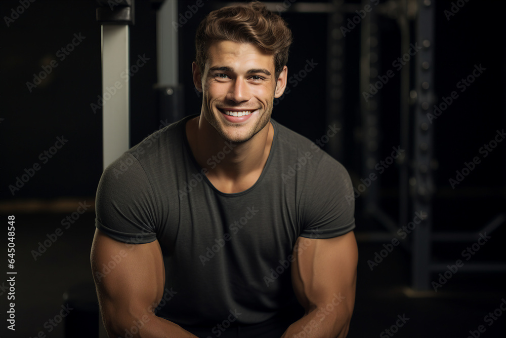 Obraz premium Portrait of happy handsome man professional trainer in a sport gym healthy lifestyle and generative AI concept