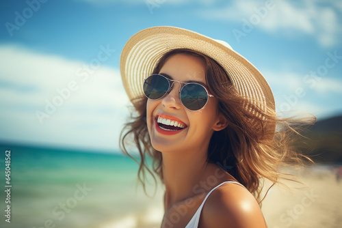 Generative AI portrait of a happy girl enjoying summer vacation at the beach walking outside
