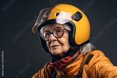 Generative AI picture of happy sporty old lady in protective helmet riding bike scooter motorbike walking in park enjoying the moment outdoors © Tetiana