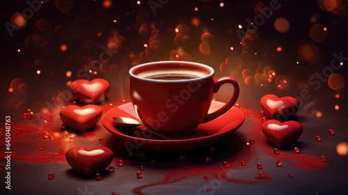 A cup of coffee on a saucer surrounded by hearts