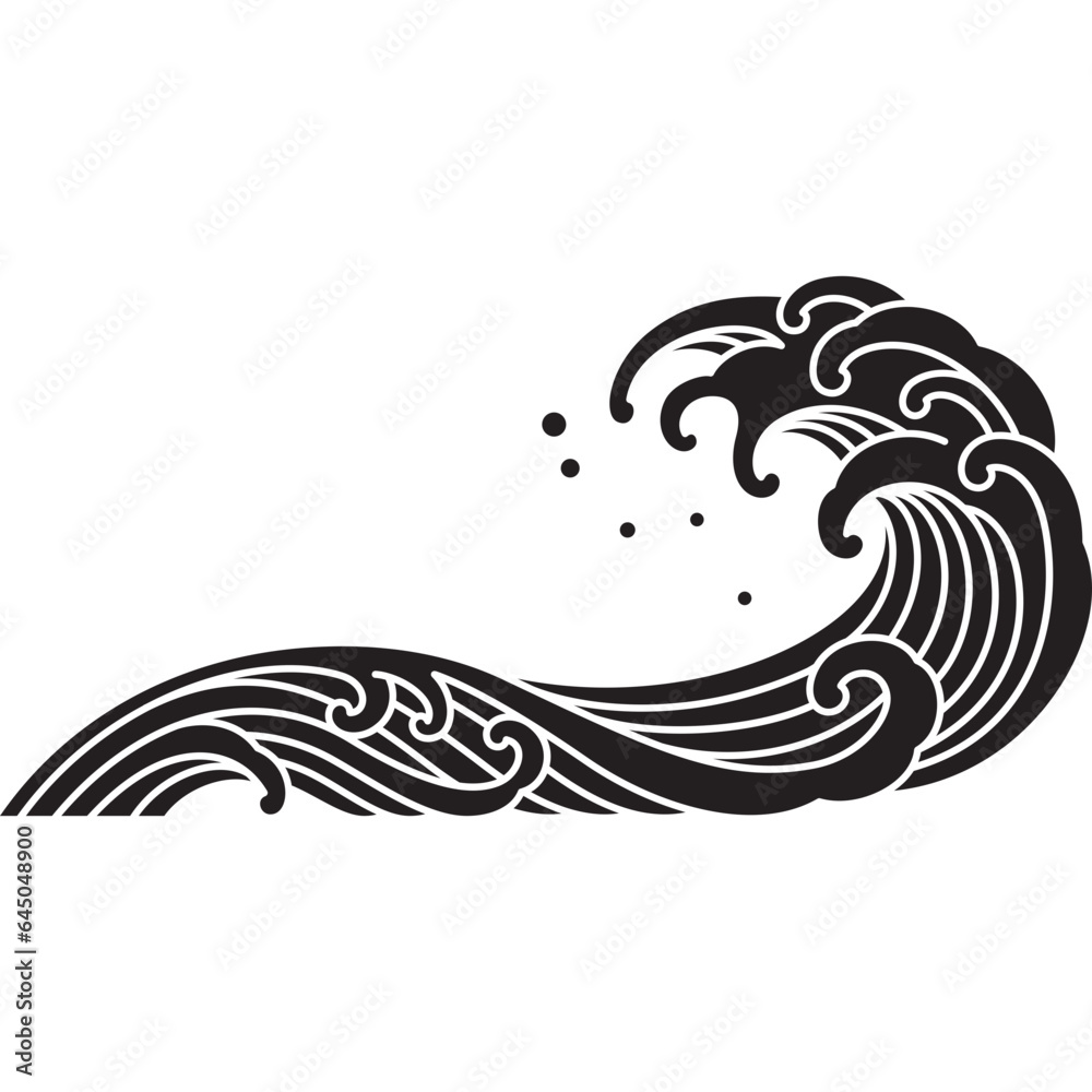 oriental sea wave line art silhouette vintage style vector illustration