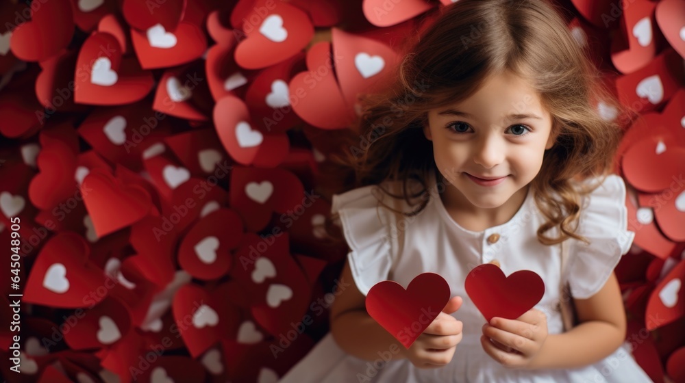 A little girl holding two paper hearts in front of a wall of hearts A little girl holding two paper hearts in front of a wall of hearts