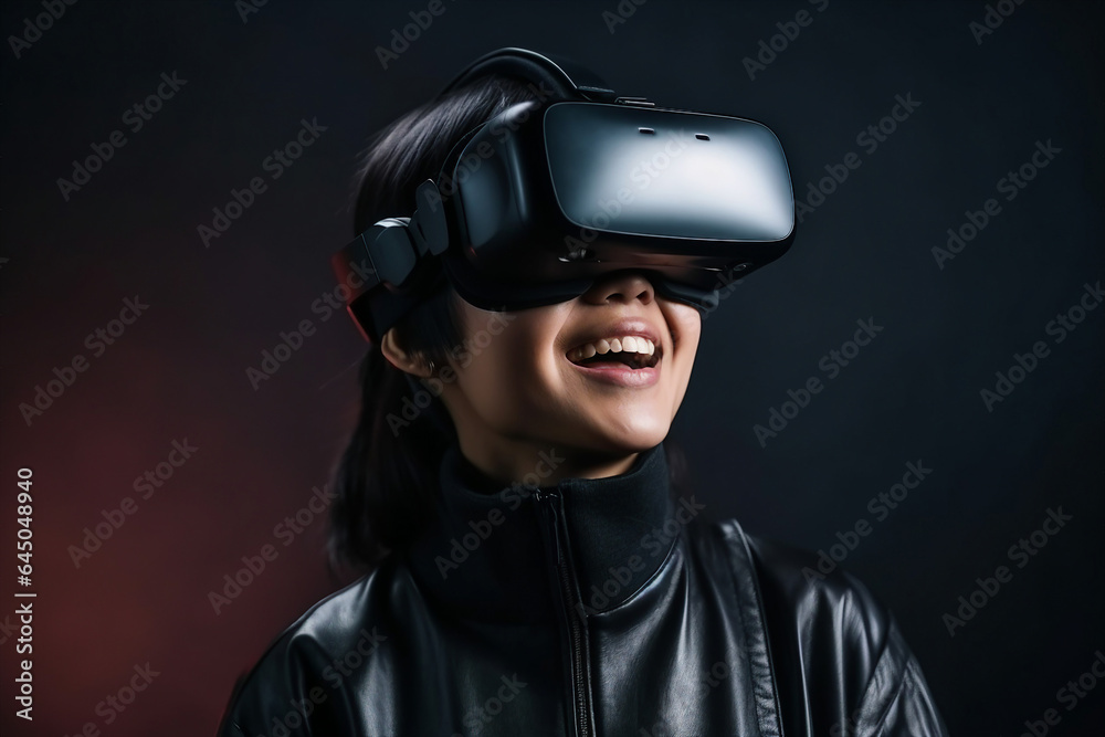 Photo of happy smiling user woman wearing vr headset watching surreal colorful fantasy world made with generative AI Photo of happy smiling user woman wearing vr headset watching surreal colorful fantasy world made with generative AI