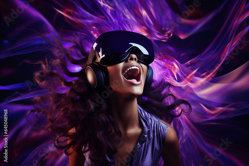 Photo of happy smiling user woman wearing vr headset watching surreal colorful fantasy world made with generative AI