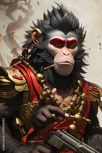 modern monkey king with smacking cigar , right hand with machine gun, red eyes, 