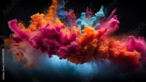 A moment of impact as colored powders collide, creating a breathtaking spectacle of suspended hues