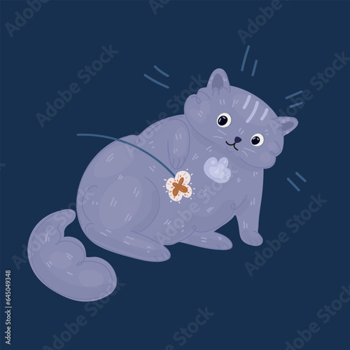 Cartoon vector illustration of pretty kitten playing with toy. British shorthair cat
