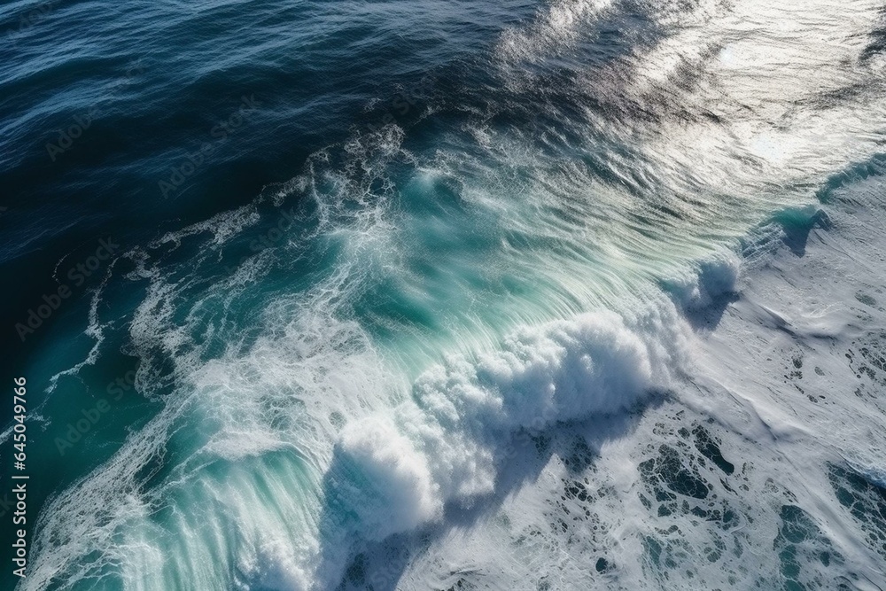 High angle view of a magnificent ocean wave over a deep blue water background. Generative AI