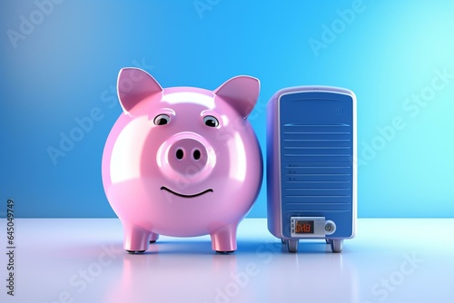 Rendering of small and large air source heat pumps with a piggy bank on top, representing energy and cost savings using electric heat pumps. Generative AI
