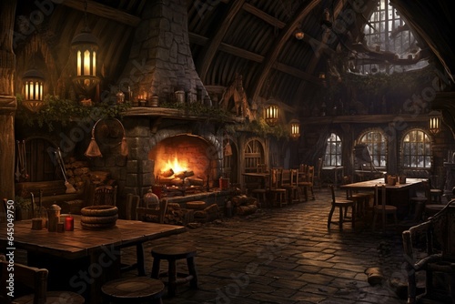 Artistic depiction of a medieval inn's interior. Generative AI