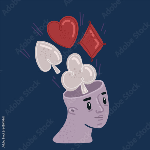 Cartoon vector illustration of Poker face-Skull and four aces. Spades, hearts, daimonds, clubs. Gambling concept.