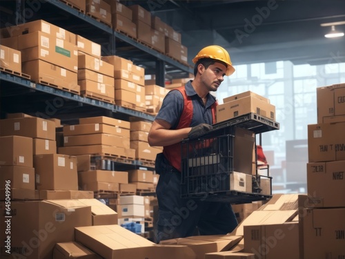 worker in a warehouse with boxes. Ai Generative