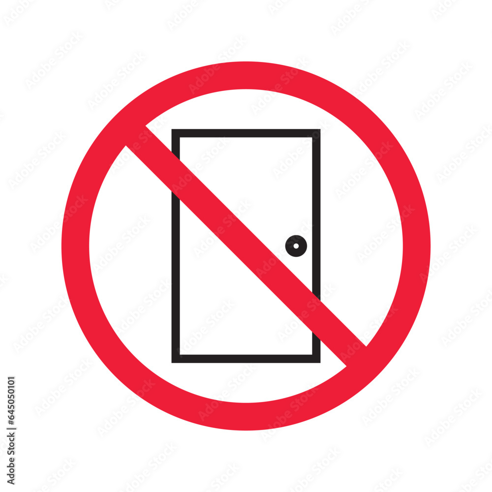 Prohibited exit vector icon. No entry icon. Forbidden door exit icon. No fire exit sign. Warning, caution, attention, restriction, danger flat sign design door symbol pictogram Prohibited exit vector icon. No entry icon. Forbidden door exit icon. No fire exit sign. Warning, caution, attention, restriction, danger flat sign design door symbol pictogram